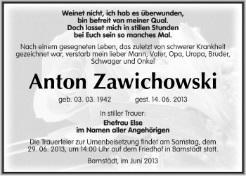 Traueranzeige von Anton Zawichowski von Mitteldeutsche Zeitung Merseburg/Querfurt