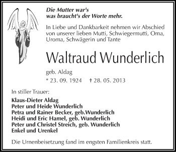Traueranzeige von Waltraud Wunderlich von Mitteldeutsche Zeitung Halle/Saalkreis