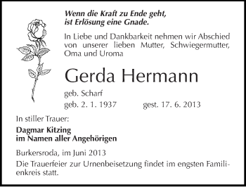 Traueranzeige von Gerda Hermann von Mitteldeutsche Zeitung Naumburg/Nebra