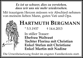 Traueranzeige von Hartmuth Bergmann von Mitteldeutsche Zeitung Halle/Saalkreis