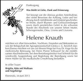Traueranzeige von Helene Knauth von Mitteldeutsche Zeitung Naumburg/Nebra