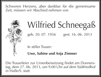 Traueranzeige von Wilfried Schneegaß von Mitteldeutsche Zeitung Halle/Saalkreis