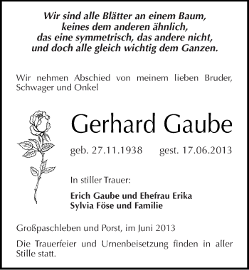 Traueranzeige von Gerhard Gaube von Mitteldeutsche Zeitung Köthen