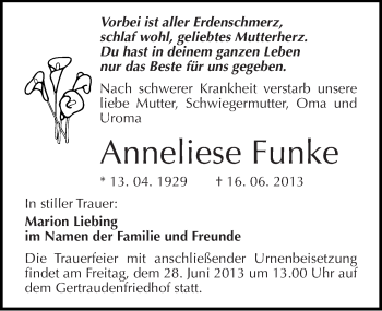 Traueranzeige von Anneliese Funke von Mitteldeutsche Zeitung Halle/Saalkreis
