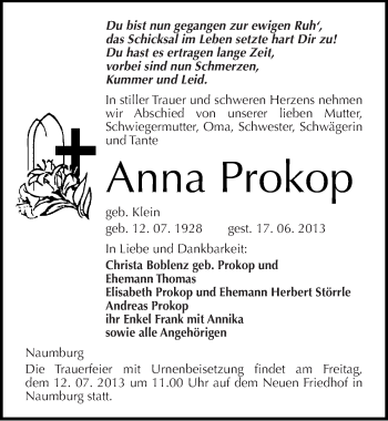 Traueranzeige von Anna Prokop von Mitteldeutsche Zeitung Naumburg/Nebra