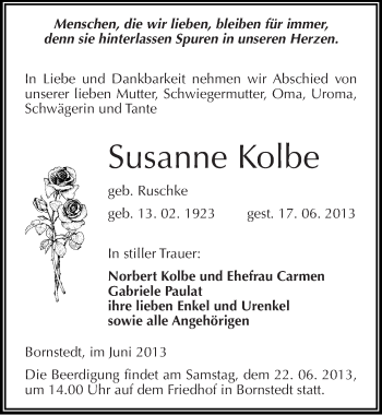Traueranzeige von Susanne Kolbe von Mitteldeutsche Zeitung Aschersleben