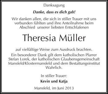 Traueranzeige von Theresia Müller von Mitteldeutsche Zeitung Aschersleben