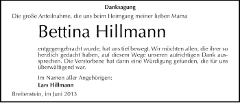Traueranzeige von Bettina Hillmann von Mitteldeutsche Zeitung Sangerhausen