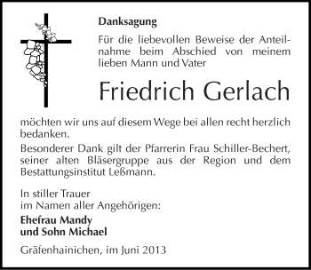 Traueranzeige von Friedrich Gerlach von Mitteldeutsche Zeitung Wittenberg