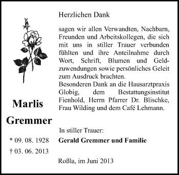 Traueranzeige von Marlis Gremmer von Mitteldeutsche Zeitung Sangerhausen