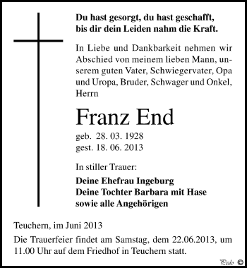 Traueranzeige von Franz End von Mitteldeutsche Zeitung Weißenfels