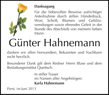 Traueranzeige von Günter Hahnemann von Mitteldeutsche Zeitung Köthen
