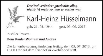 Traueranzeige von Karl-Heinz Hüsselmann von Mitteldeutsche Zeitung Halle/Saalkreis