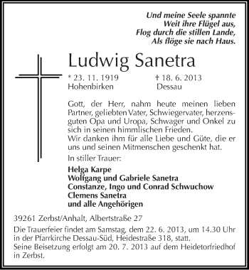 Traueranzeige von Ludwig Sanetra von Mitteldeutsche Zeitung Dessau-Roßlau