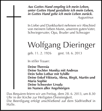 Traueranzeige von Wolfgang Dieringer von Mitteldeutsche Zeitung Halle/Saalkreis