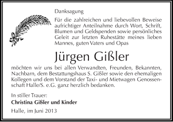 Traueranzeige von Jürgen Gißler von Mitteldeutsche Zeitung Halle/Saalkreis