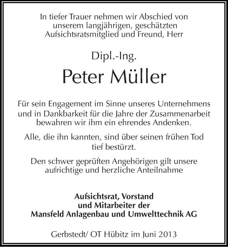  Traueranzeige für Peter Müller vom 22.06.2013 aus Mitteldeutsche Zeitung Aschersleben
