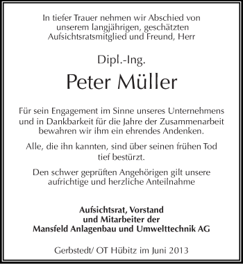 Traueranzeige von Peter Müller von Mitteldeutsche Zeitung Aschersleben
