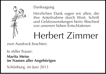 Traueranzeige von Herbert Zimmer von Mitteldeutsche Zeitung Naumburg/Nebra