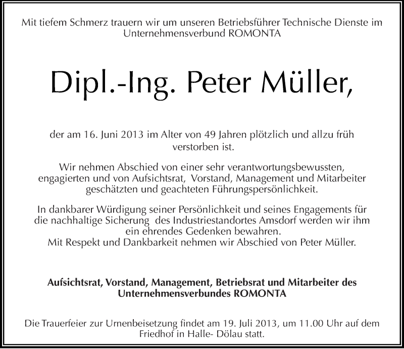  Traueranzeige für Peter Müller vom 22.06.2013 aus Mitteldeutsche Zeitung Aschersleben
