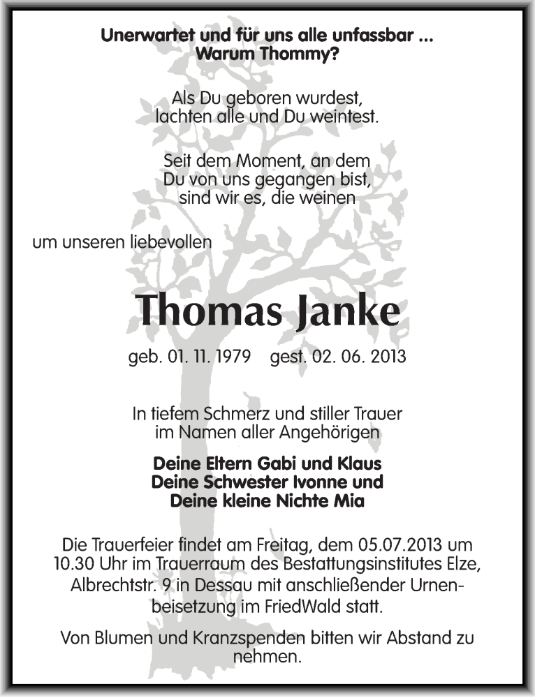  Traueranzeige für Thomas Janke vom 22.06.2013 aus Mitteldeutsche Zeitung Dessau-Roßlau