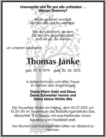 Traueranzeige von Thomas Janke von Mitteldeutsche Zeitung Dessau-Roßlau