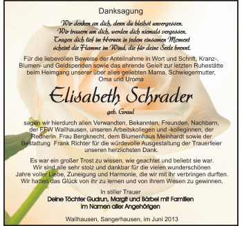 Traueranzeige von Elisabeth Schrader von Mitteldeutsche Zeitung Sangerhausen