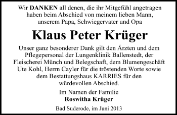 Traueranzeige von Klaus Peter Krüger von Mitteldeutsche Zeitung Quedlinburg
