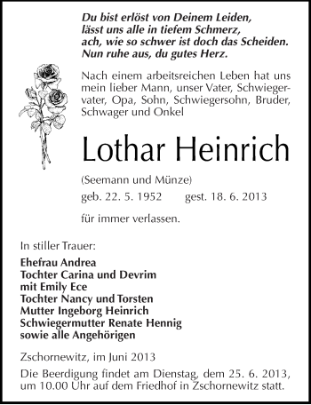 Traueranzeige von Lothar Heinrich von Mitteldeutsche Zeitung Wittenberg