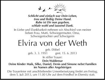 Traueranzeige von Elvira von der Weth von Mitteldeutsche Zeitung Halle/Saalkreis