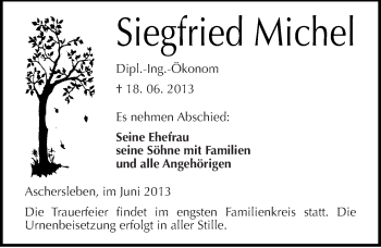 Traueranzeige von Siegfried Michel von Mitteldeutsche Zeitung Aschersleben