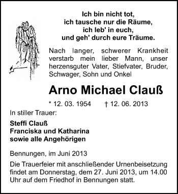 Traueranzeige von Arno Michael Clauß von Mitteldeutsche Zeitung Sangerhausen
