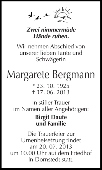 Traueranzeige von Margarete Bergmann von Mitteldeutsche Zeitung Halle/Saalkreis