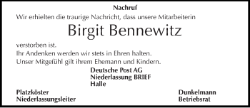 Traueranzeige von Birgit Bennewitz von Mitteldeutsche Zeitung Halle/Saalkreis