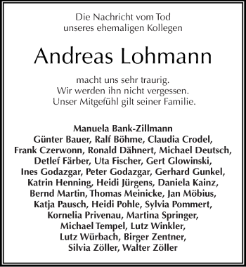 Traueranzeige von Andreas Lohmann von Mitteldeutsche Zeitung Halle/Saalkreis