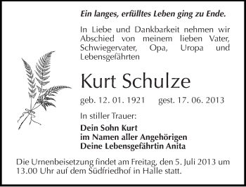 Traueranzeige von Kurt Schulze von Mitteldeutsche Zeitung Halle/Saalkreis