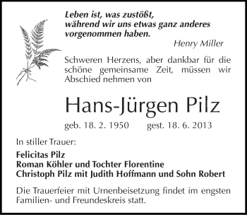 Traueranzeige von Hans-Jürgen Pilz von Mitteldeutsche Zeitung Halle/Saalkreis