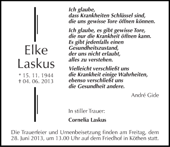 Traueranzeige von Elke Laskus von Mitteldeutsche Zeitung Köthen