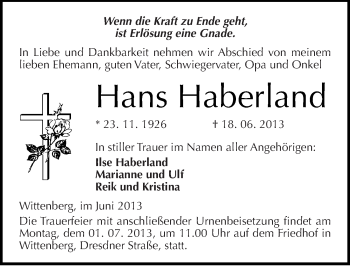 Traueranzeige von Hans Haberland von Mitteldeutsche Zeitung Wittenberg