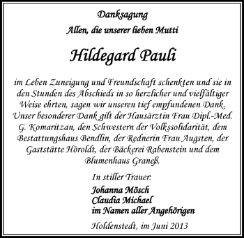 Traueranzeige von Hildegard Pauli von Mitteldeutsche Zeitung Aschersleben