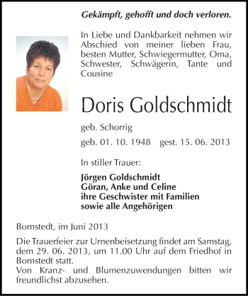 Traueranzeige von Doris Goldschmidt von Mitteldeutsche Zeitung Aschersleben