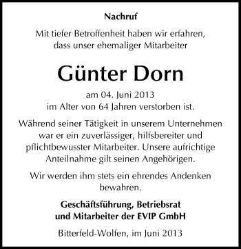 Traueranzeige von Günter Dorn von Mitteldeutsche Zeitung Bitterfeld