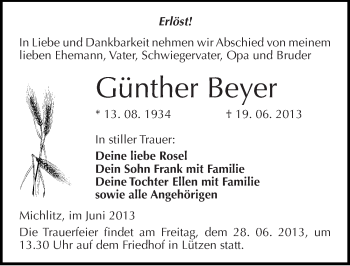 Traueranzeige von Günther Beyer von Mitteldeutsche Zeitung Weißenfels