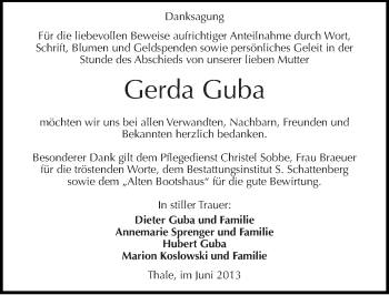 Traueranzeige von Gerda Guba von Mitteldeutsche Zeitung Quedlinburg