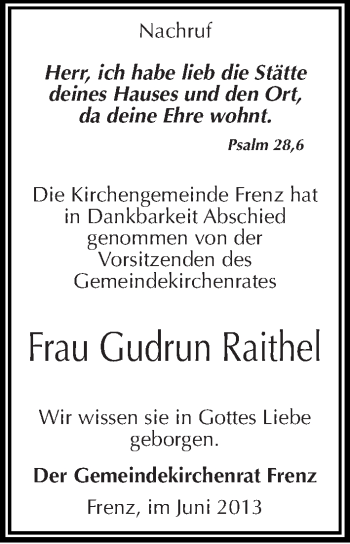 Traueranzeige von Gudrun Raithel von Mitteldeutsche Zeitung Köthen