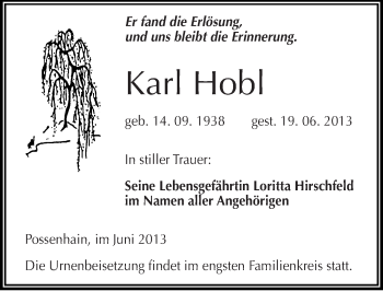 Traueranzeige von Karl Hobl von Mitteldeutsche Zeitung Naumburg/Nebra