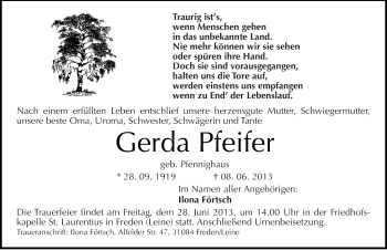 Traueranzeige von Gerda Pfeifer von Mitteldeutsche Zeitung Merseburg/Querfurt