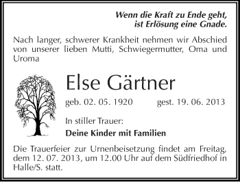 Traueranzeige von Else Gärtner von Mitteldeutsche Zeitung Halle/Saalkreis