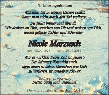 Traueranzeige von Nicole Marzusch von Mitteldeutsche Zeitung Sangerhausen
