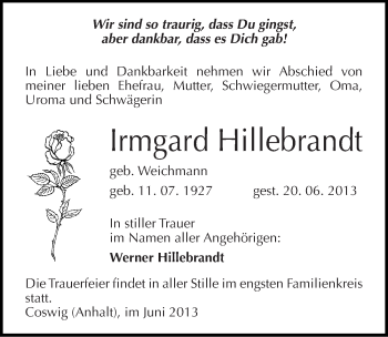 Traueranzeige von Irmgard Hillebrandt von Mitteldeutsche Zeitung Wittenberg